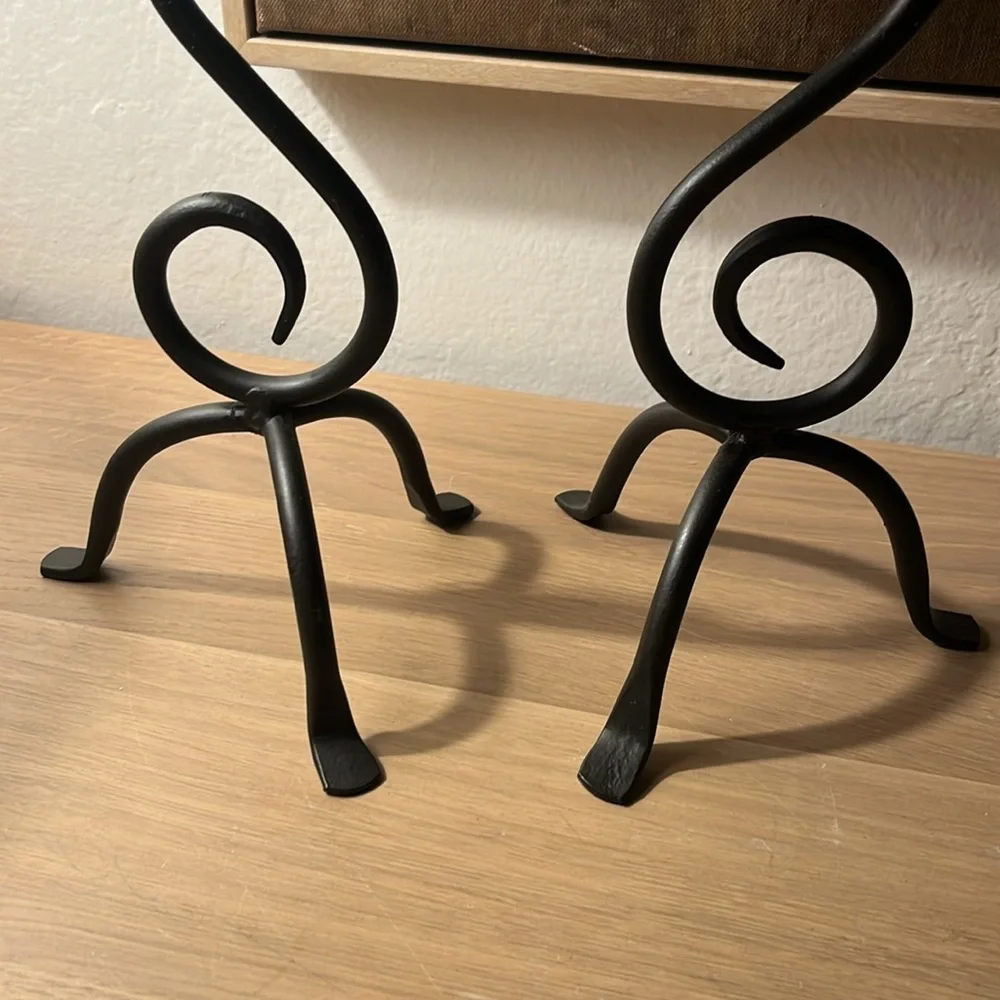 Vintage Black Metal Wrought Iron Scroll Spiral Candle Holders